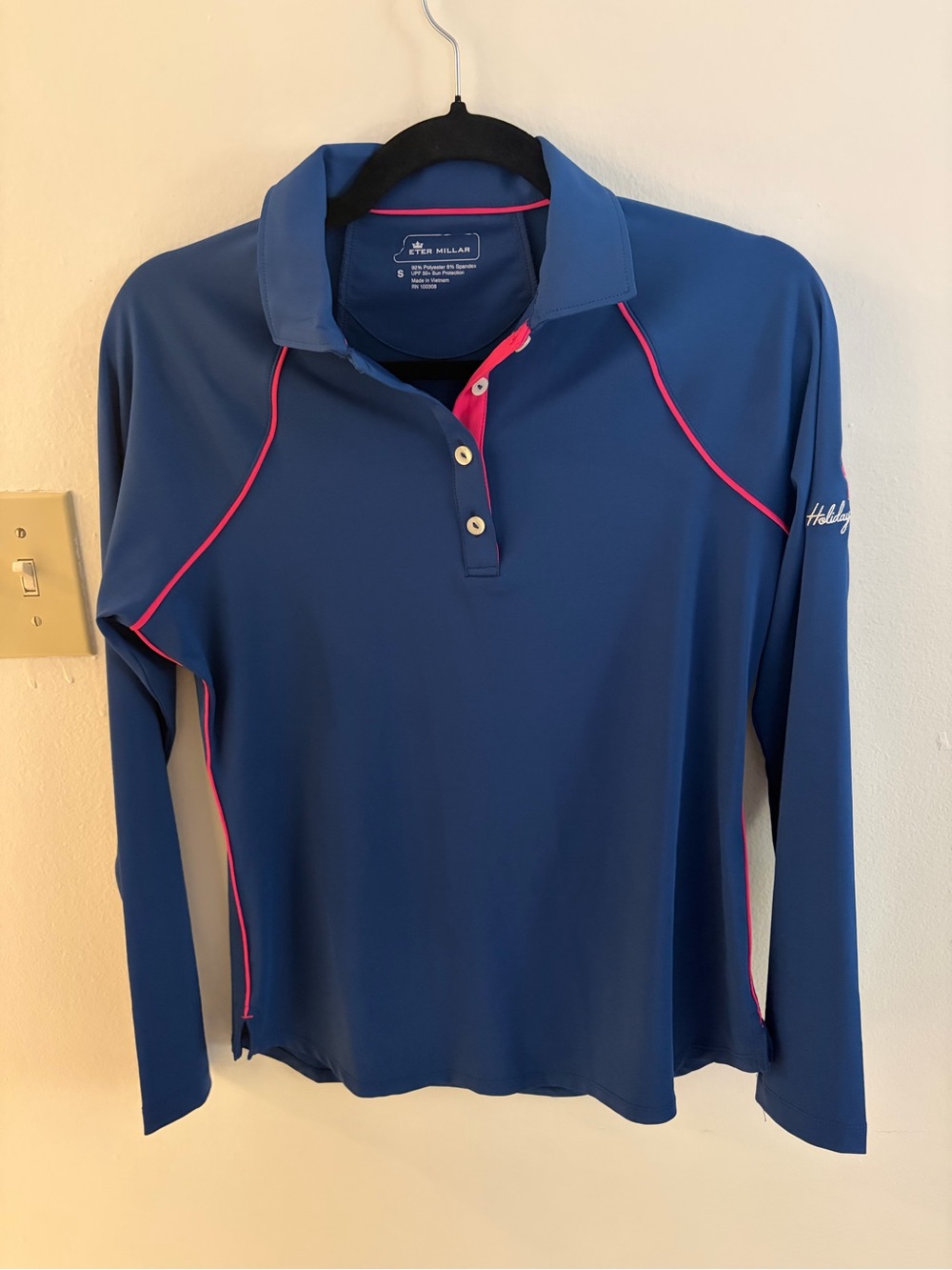 Peter Millar Long Sleeve Polo Shirt - Navy with Pink Trim holiday classic - Smal